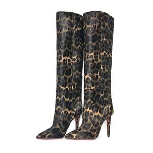 NEW Christian Louboutin Astrilarge Botta 100 Leopard Print Pointed Toe Boots 38